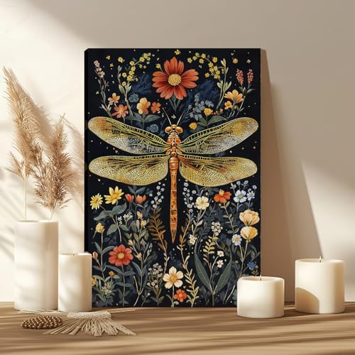 FENNIDICE 24x36 Vintage Botanical Dragonfly Wall Art Framed Navy