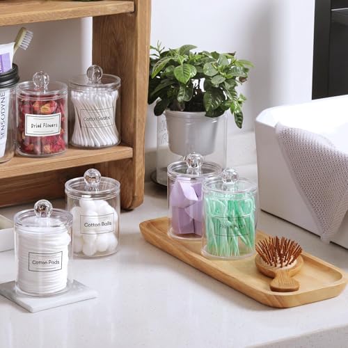 AOZITA 4-Pack Acrylic Q-Tip Holder Dispenser Set with Lids and Labels