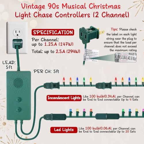 Enhon Vintage 90s Musical Christmas Lights Controller 2 Channel Green with 25 Songs, 7 Modes