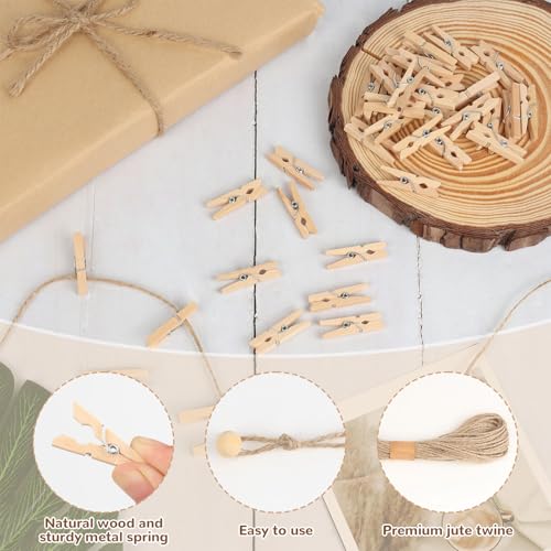 100 Pcs Mini Wooden Clothespins with Jute Twine for Photo Hanging Display