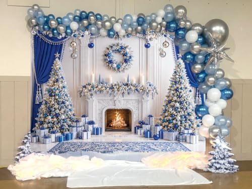 7x5FT Blue Silver Christmas Backdrop with Fireplace Scene - CUMIA