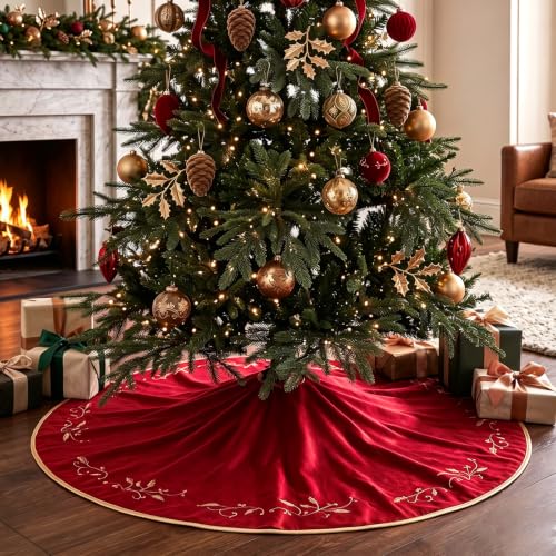 48-Inch Red Velvet Christmas Tree Skirt with Gold Embroidered Holly Leaves