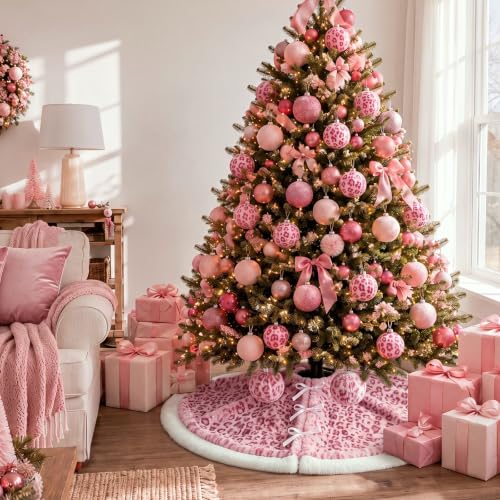 Relaxgiant 48 Inch Pink Leopard Christmas Tree Skirt Faux Fur Holiday Decor