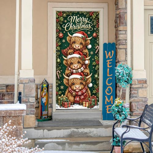 White Highland Cow Christmas Door Cover 35x79in - Holiday Seasonal Decor