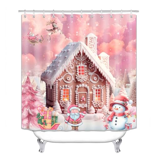 OLEBETY 4PCS Pink Christmas Shower Curtain Set with Rugs - Gingerbread House, Xmas Tree, Santa, Snowman, Kids Bathroom Decor, 72"x72"