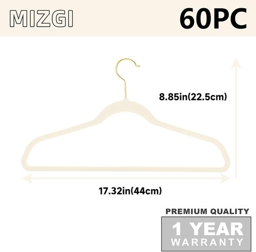 MIZGI Ivory Velvet Hangers - 60 Pack Premium Non-Slip Felt Clothes Hangers | Heavy-Duty Space-Saving Design