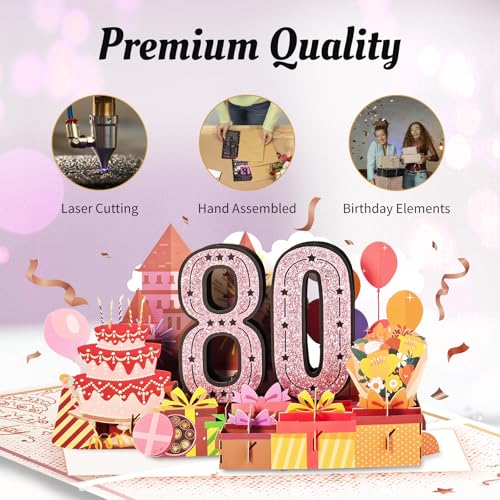80th Birthday Pop Up Card for Women Pink 3D Greeting Card with Envelope