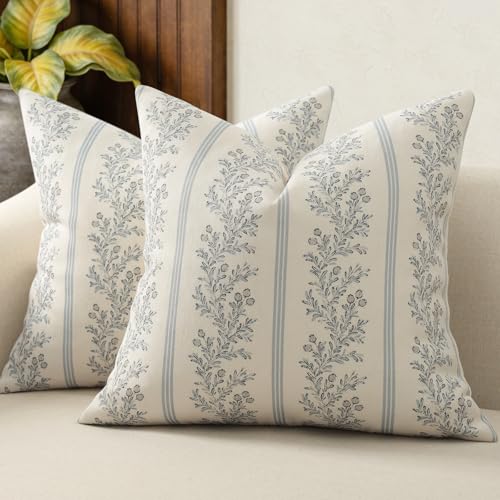 Vintage Floral Throw Pillow Covers 18x18 Set of 2 - Light Blue Cushion Covers