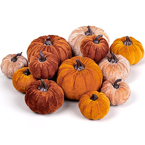 12-Piece Assorted Velvet Artificial Pumpkins for Fall Home Table Decor