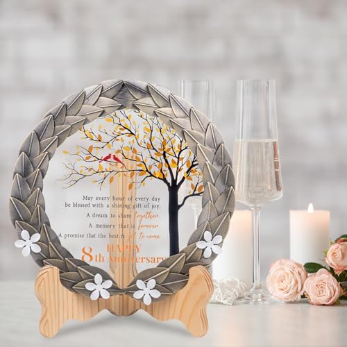8th Anniversary Crystal Plate with Bronze Wreath and Wood Stand