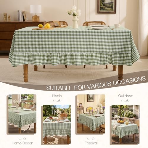 Gingham Ruffled Rectangle Tablecloth 60 x 84 Inch, Sage Green Waterproof