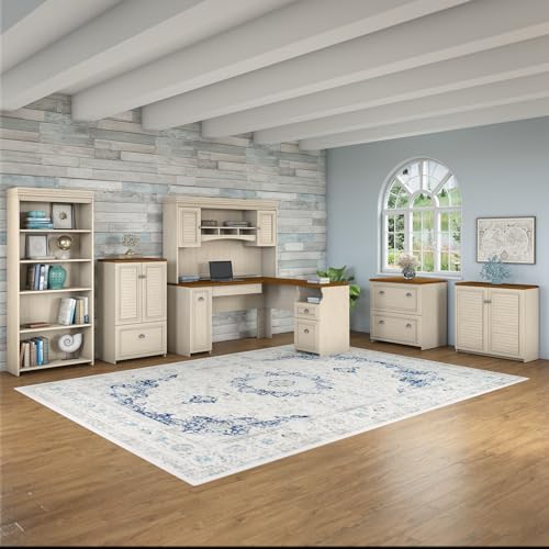 Bush Home Fairview 60W L Shaped Desk Hutch with Shelves & Cabinets, Antique White