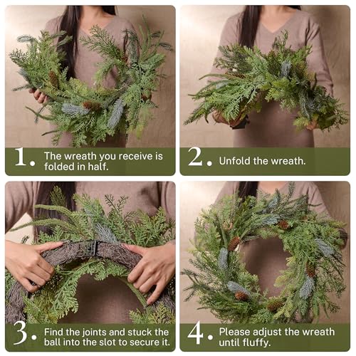 DecorbyHannah 24" Woodland Norfolk Pine Christmas Wreath with Lights - Seasonal Holiday Decor