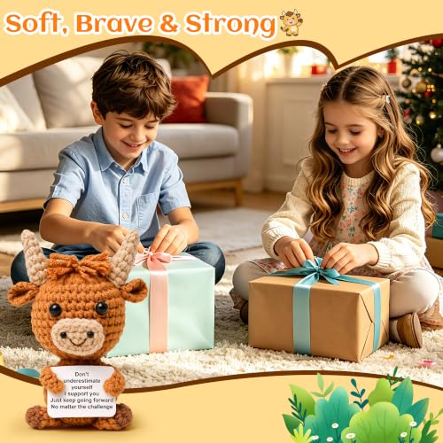 Handmade Highland Cow Crochet Plush with Positive Affirmation Card