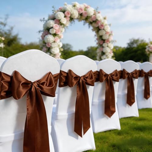 Brown Satin Chair Sashes 50 Pack - Chair Bows for Wedding & Event Decor