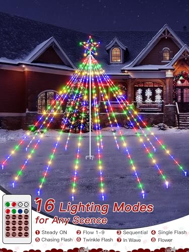 BrightChristmas Outdoor 340 LED Christmas Tree Lights with Top Star, Multicolor, 16 Modes, IP67