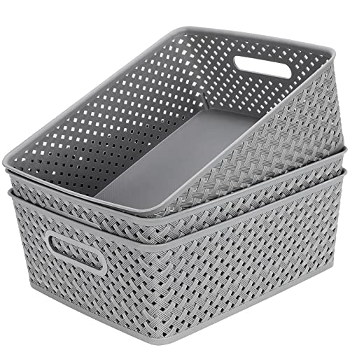 3 Pack Plastic Storage Baskets Large Grey Woven Storage Bins
