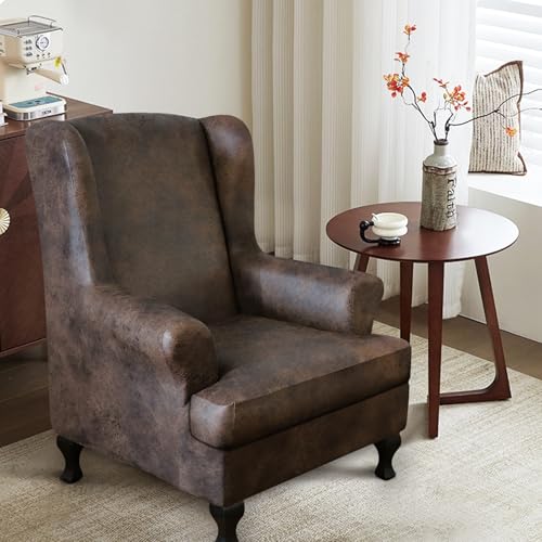 2-Piece Stretch Wingback Chair Covers - Soft Leather Look, Brown