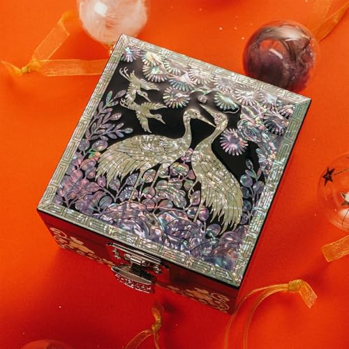 February Mountain Mother-of-Pearl Jewelry Box with Crane Variation - Handcrafted Black Lacquered Keepsake Storage, Red Velvet Interior, Gift for Women