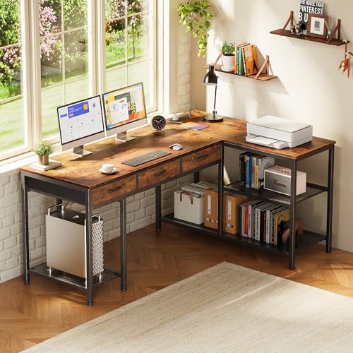 55-Inch L-Shaped Computer Desk with Power Outlets, USB Port & 3 Storage Drawers