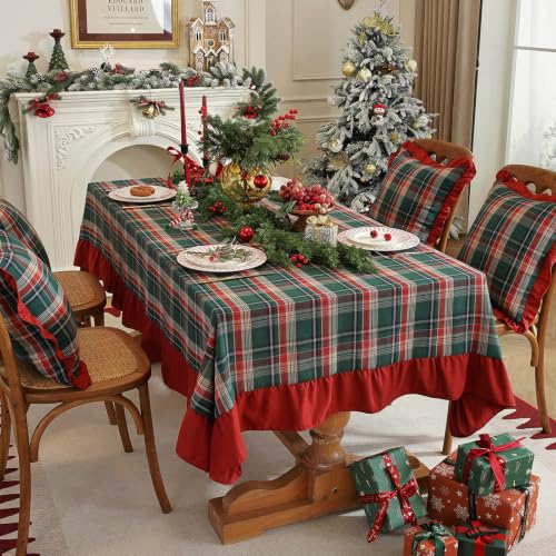 ZIQINPSQ Christmas Plaid Ruffle Tablecloth 55x55 inch - Red & Green