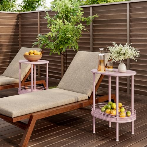 2-Tier Oval End Table with Storage, Small Pink Side Table for Bedroom