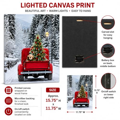 Variation 1: Lighted Red Vintage Pickup Truck Canvas Wall Art with LED Lights 15.75 x 11.75