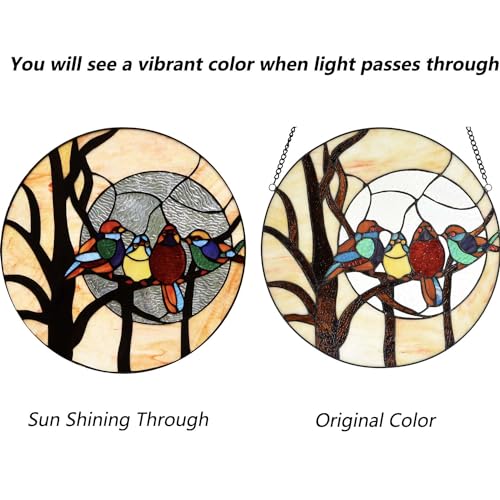Handmade 16-Inch Round Stained Glass Window Panel - Birds on Tree Branch