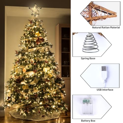 10 Inch Rattan Christmas Tree Topper Star with 50 Warm White LED Lights