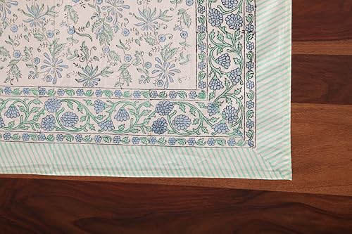 Aster Blue 60 x 108 Inch 100% Cotton Boho Tablecloth - Handblock Floral Home Decor