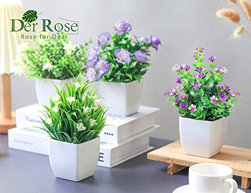 4 Pack Small Artificial Potted Plants with Flowers for Home Decor