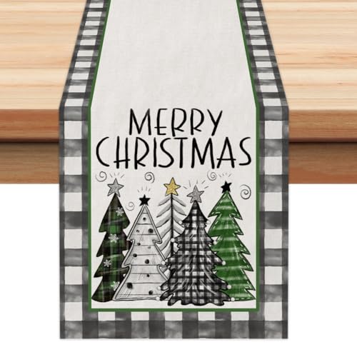 ARKENY Merry Christmas Buffalo Plaid Table Runner 13x72in - Green, Indoor/Outdoor