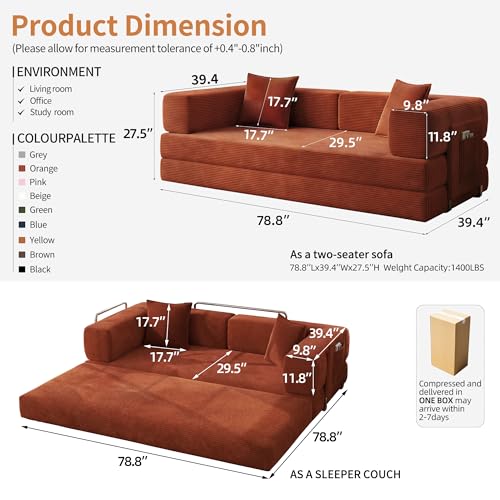 78.8-inch Convertible Corduroy Sofa Bed - Orange Sleeper Couch