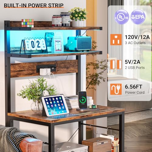 5-Tier Bakers Rack with Power Outlet, RGB LED Lights, and Storage Shelves