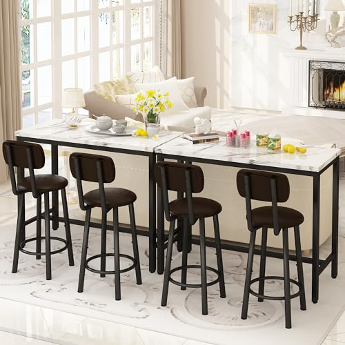 3-Piece Faux Marble Pub Table Set with 2 Backrest Stools for Small Spaces