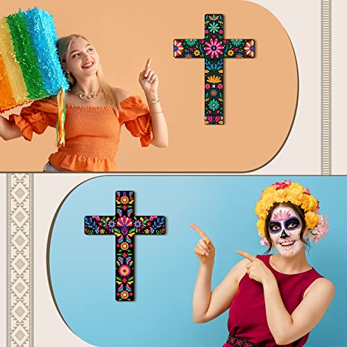 Mexican Floral Cross Wall Decor, 2 Pcs Hand Painted Wooden Wall Art
