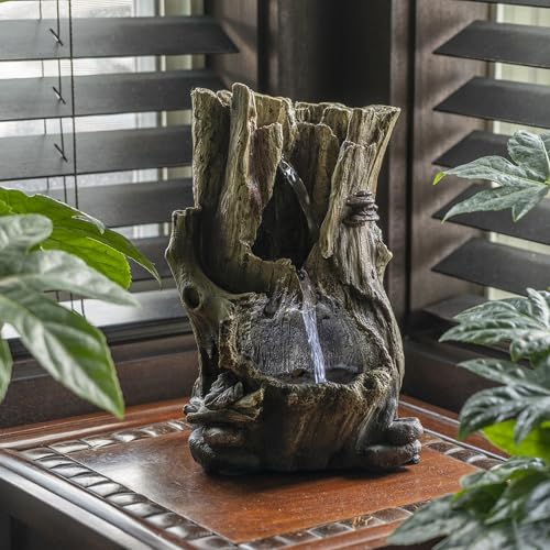 Tabletop Water Fountain with LED Lights - Rainforest Tree Trunk Decor, 11"
