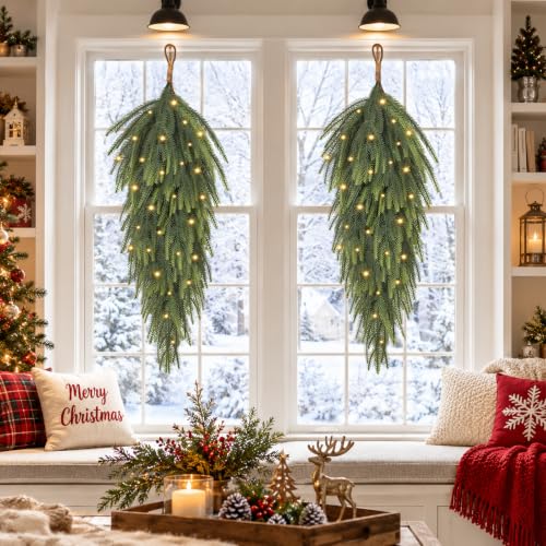 Waipfaru 2 Pcs Artificial Norfolk Pine Christmas Teardrop Swag with Lights - Green / 30 Inch Length