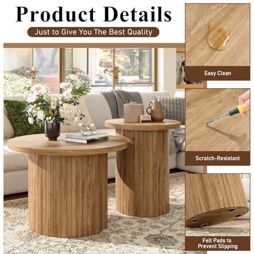 Nesting Coffee Table Set of 2, Mid-Century Modern Round Wood Accent Tables