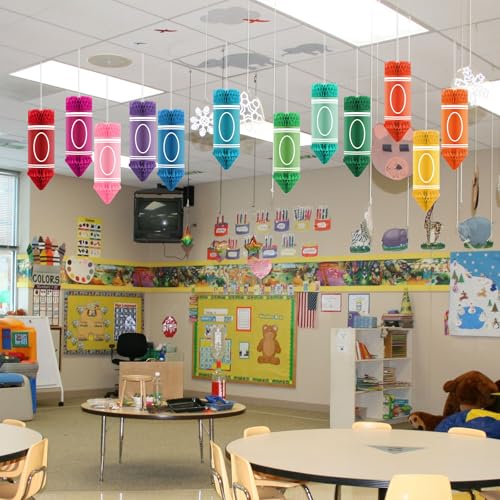 12pcs Back to School Crayon Hanging Honeycomb Decorations for Classrooms