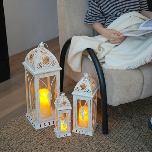 TRIROCKS Beige with Gold Brush 3-Set Large Decorative Candle Lanterns (22, 16, 11 in) for Indoor Outdoor
