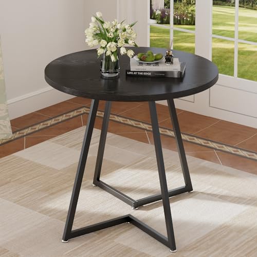 31.5-Inch Round Dining Table with Wood Grain Top and Steel Frame