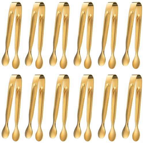 Gold 12Pcs Mini Stainless Steel Serving Tongs 4.3 Inch for Appetizers & Ice