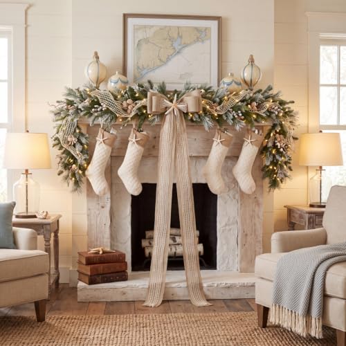 Dingion Giant Coastal Christmas Tree Topper Bow with Burlap & Starfish, 20 x 47 inches