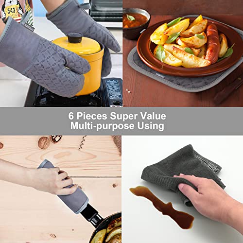 Heat-Resistant Silicone Oven Mitts and Pot Holders Set, 6-Piece - Grey
