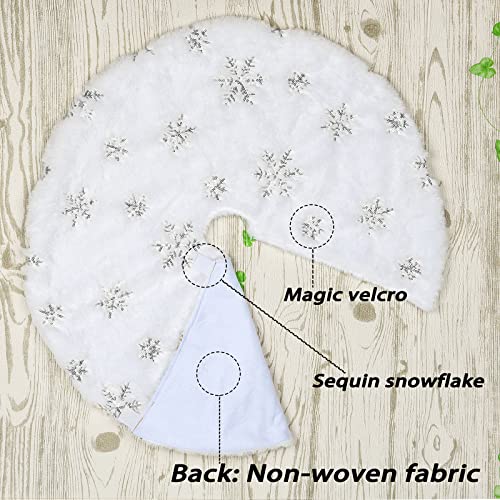 24-Inch White Faux Fur Christmas Tree Skirt with Silver Sequin Snowflakes