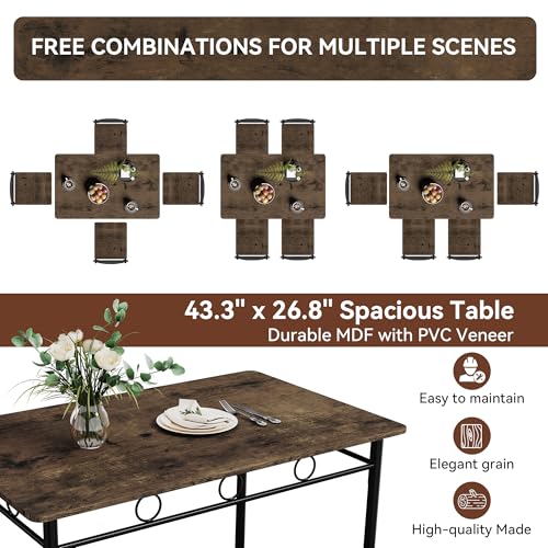 5-Piece Kitchen Dining Table Set for 4, Rustic Brown Space-Saving Dinette