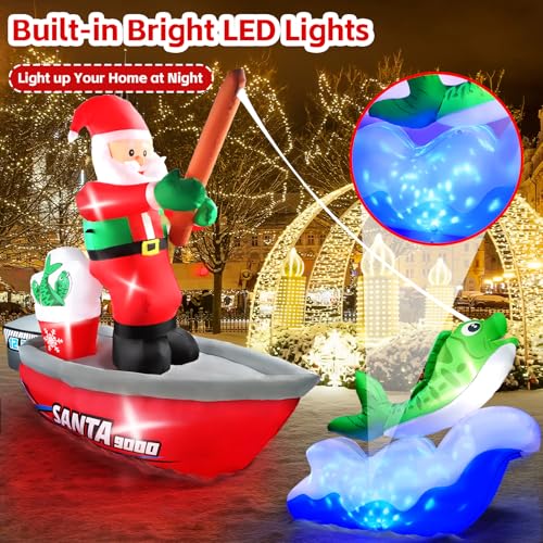 Kalolary 15FT Christmas Inflatable Santa Fishing with LED Lights - Holiday Yard Decor