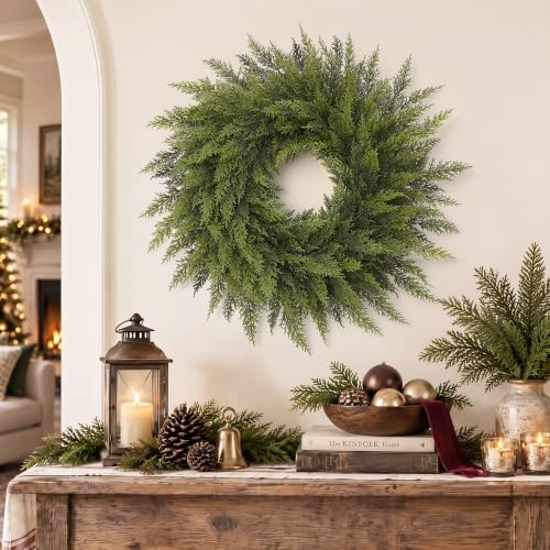 Worthyeah 24" Silver Cedar Christmas Wreath for Front Door - Lush Real-Touch Decor