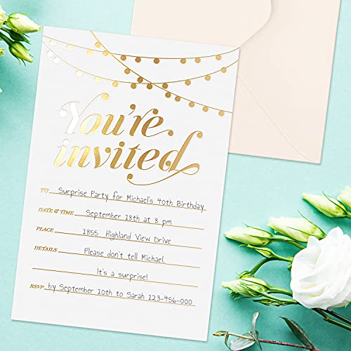 25 Gold Foil Party Invitations with Envelopes, 4x6 Premium Cardstock Cards